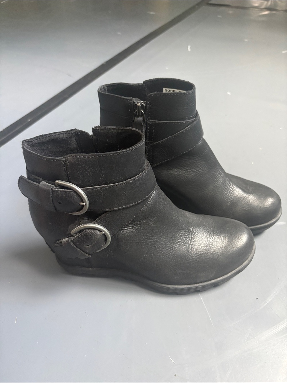 Black Sorel Women's Wedge Ankle Boot with Buckle Straps